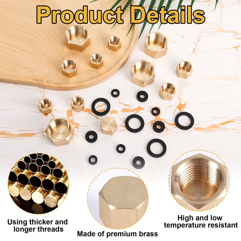 12pcs Brass Pipe Cap with 12 Rubber Gasket, Hex Compression