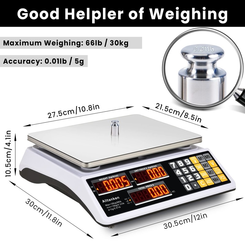 Price Computing Scale 66lb/30kg Commercial Food Scale, lb/kg/oz Conversion with