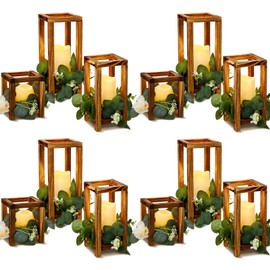 Huquary 24 Pcs Wooden Candle Lantern Set Include 12 Wedding Centerpieces for Tables Wooden Lantern Centerpiece 12 Flameless Decorative LED Candles for Rustic Wedding Farmhouse Country, 6in 9in 12in