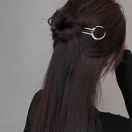 Yheakne Vintage U Shape Hair Stick Pins Moon Hair Fork Metal Long Hair Pin Silver Minimalist Hair Bun Holder Stick French Hair Accessories for Women and Girls