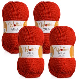 Wollidu Mila Yarn for Crochet and Knitting, 4 x 50 g/133 m, Knitting Yarn, 100% Polyacrylic, Crochet Yarn, Fire Red