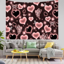 MEETSIOY Cute Black Pink Heart Tapestry Fantasy Pink Butterfly Aesthetic Tapestry Hippie 2000s Y2K Teen Girls Tapestries Wall Hanging for Women Nursery Bedroom Living Room Bedroom College Dorm