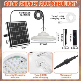 Grinsvalley Solar Chicken Coop Light with Remote & Timer, Dusk to Dawn Hanging Pendant Light for Shed Barn Farm Poultry, Dual Charge(solar & USB), Waterproof Dimmable LED Ceiling Lamp with 14.7ft Cord