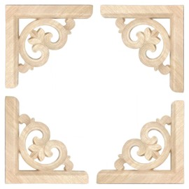 Vilanca 4 Pcs Decorative Wood Flower Carved Appliques 5.9 x 5.9inch Corner Onlay DIY Unpainted Solid Wooden Carved Corner Decal for Furniture Wardrobe Mirror Closet Decoration (Type2-5.9inch-4pcs)