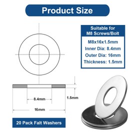 20 Pack M8 Stainless Steel Flat Washers - 16mm Outer Diameter, 1.5mm Thick, Round Penny Washers for Screws and Bolts, Ideal for Repairs and Spacing