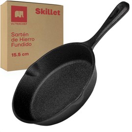 Ultrachef Sartén de Hierro Fundido con Mango Largo, Previamente Curado, Cast-Iron Skillet, 6.5" (15.5cm), Negro