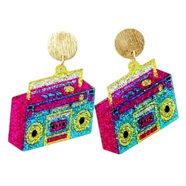 80s Neon Earrings for Women Colorful Cassette Tape Acrylic Drop Earrings Retro Glitter Radio Dangle Earrings for 80's Outfit Party Accessories﻿-Style 4