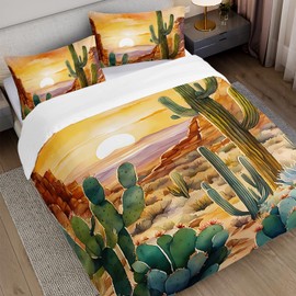 AILONEN Watercolor Cactus Duvet Cover King Size,Sunset Mountains Cactus Forest Bedding Set,Orange Succulent Flower Comforter Cover for Boys Teens Kids,1 Quilt Cover 2 Pillowcases,3 PCS