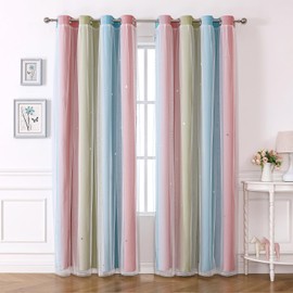 Tongcan Princess Curtains for Girls Bedroom Kids Room Ombre Rainbow Blackout Curtains with Voile Sheer and Grommet Top Star Window Drapes for Living Room