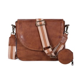 Genuine Leather Shoulder Crossbody Purse For Women with Adjustable Strap, Mobile Pocket & Outside & Inside Zipper (Tan web coin)
