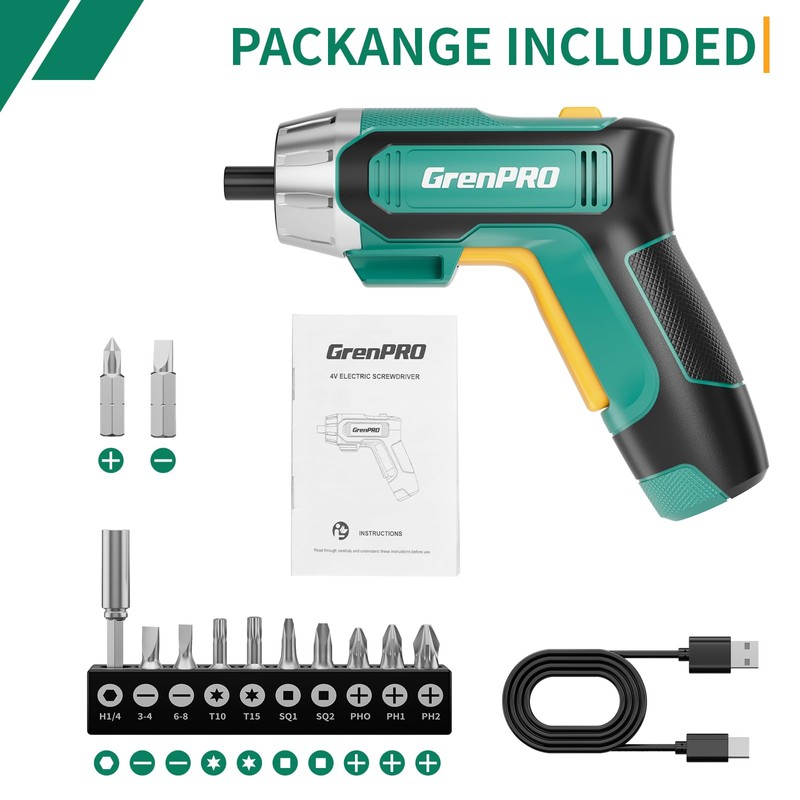 GRENPRO 4V Electric Screwdriver Rechargeable, Cordless Screwdriver 9pcs Bit with