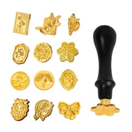 Wax Seal Stamp Set, Copper Wax Seal Stamp Kit, Wax Seal Stamp Heads, 12 Pieces Sealing Wax Stamp Head with 1 Removable Wooden Handle, Retro Classic Sealing Wax Stamp for Invitations