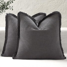ROMANDECO Boho Decorative Throw Pillow Covers with Fringe for Couch, Living Room, Bed Set of 2, 18x18 Inches, Charcoal Grey
