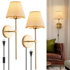 ADISUN Wall Sconce Set of 2, Gold Plug in Wall Lamps for Living Room, Hardwired, Rattan Shade Wall Lights Fixture for Bedroom Living Room Hallway Kitchen
