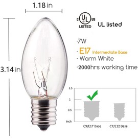 Pallerina 25 Pack C9 Clear Incandescent Bulbs, C9 Christmas Light Bulbs Replacement Light Bulb, 7 Watt Night Light Bulbs C9/E17 Intermediate Base, Candle Light Bulbs
