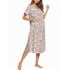 Ekouaer Womens Snap Front Dusters Cotton Housecoat Short Sleeve Nightgown House Dress With Pockets Apricot Floral M