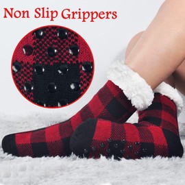 Fuzzy Socks Women Winter Warm Slipper Socks Men Christmas Thick Thermal Socks 2 Pairs (Black Plaid+Red Plaid)