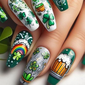 LBPEPAMZ 24Pcs St. Patrick's Day Press on Nails Medium Coffin Fake Nails with Four Leaf Clover Colorful Rainbow Designs Beer Green Full Cover Glossy Acrylic Nails False Nails Stick On Nails for Women