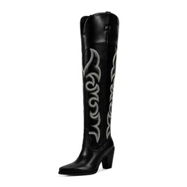 ISNOM Black Cowgirl Cowboy Boots for Women Thigh High Western Womens Over the Knee Tall Boots Chunky Heel Country Pointed Toe Wide Calf Embroidery Side Zipper