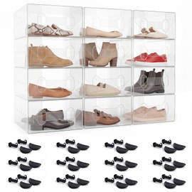 Jiuguva 24 Pcs Shoes Storage Set Plastic, 12 Clear Stackable Shoe Boxes & 12 Adjustable Shoe Trees, 12" x 7.5" x 3.74" Foldable Shoes Boxes Stackable Ventilated for Flats Sneakers