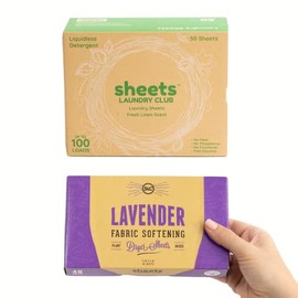 Sheets Laundry Club - Kit de lavandería todo en uno. - Como se ve en Shark Tank- Ligero: disfruta de 50 sábanas de lino fresco de disolución rápida, 4
