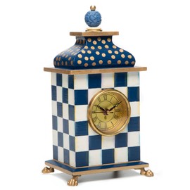 MACKENZIE-CHILDS Desk Clock, Decorative Wood Clock for Kitchen and Living Room, Blue-and-White Royal Check