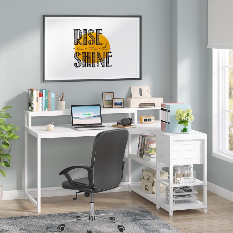 LITTLE TREE Reversible L-Shaped Computer Desk with Hutch & Shelf,White