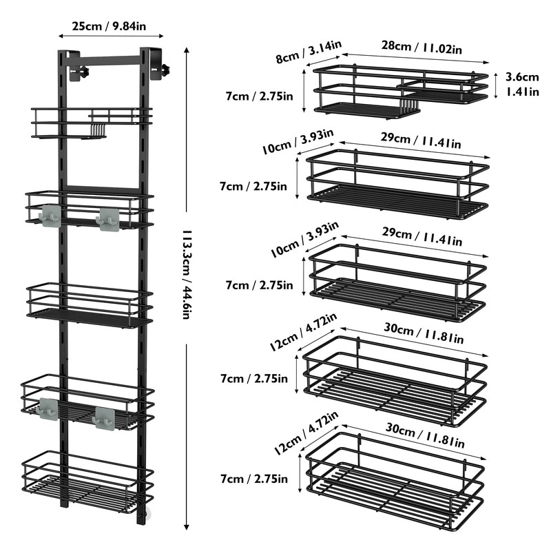 Orimade Over the Door Shower Caddy Adjustable 5 Tier Black,Bathroom