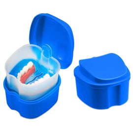 Denture Case Denture Cup with Strainer - Denture Bath Box False Teeth Storage Box with Basket Net Container Holder for Travel, Retainer Cleaning (Dark Blue)