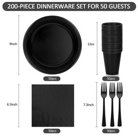 200pcs Black Plastic Party Plates Set, Disposable Black Plates and Napkins for Party, 50 Of Each 9" Dinner Plate, Napkins, Cups & Cutlery Plastic Dinnerware for Retirement, Graduation, Birthday, BBQ