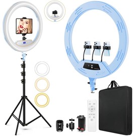 22" LED Ring Light, with 75" Tripod/LCD Display/3+1 Phone Clips/ 2 USB Ports/Wireless Remote, Adjustable 2600K-6500K Color Temperature, for YouTube Facebook Live TikTok Video Recording Vlog (Blue)