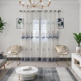 Amidoudou 1 Pair European Luxury Embroidered Sheer Curtains for Living Room Bedroom Window Screening (White and Blue,63x90 Inch)