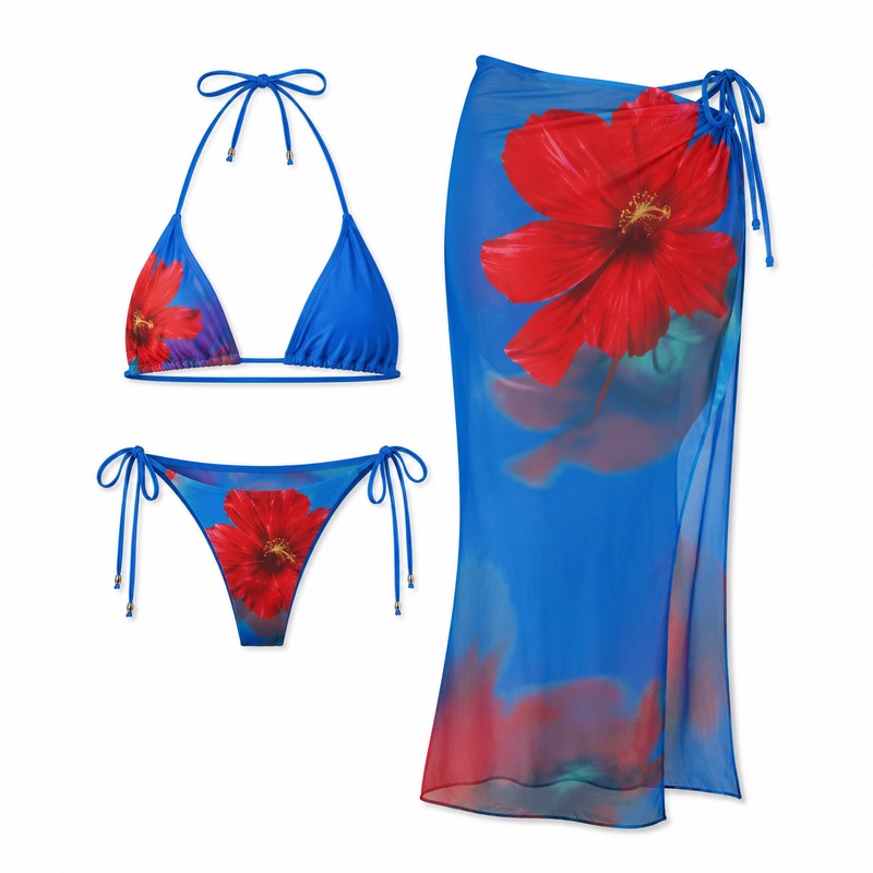 Blue Floral 3-Piece Bikini Set for Women – Stretch Swimwear