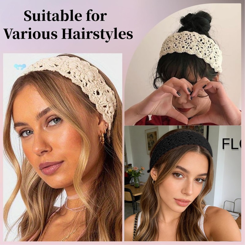Handmade Crochet Boho Headbands for Women, Adjustable Tie Knit Hippie