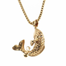 PAMTIER Unisex Retro Lucky Sign Chinese Koi Carp Cyprinoid Fish Amulet Pendant Necklace a Fish Leaping Over The Dragon Gate Asian Art Gold with Chain