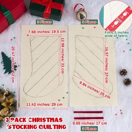 Fullhawl 3 Pairs Christmas Striped Stocking Sewing Template Christmas Stocking Patterns for Sewing Stocking Printed Batting Quilting Set with 3 Pcs Red Ropes for Christmas DIY Family Sewing Home Gift