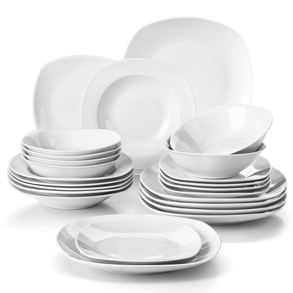MALACASA Dinnerware Sets, 24-Piece Porcelain Square Dishes, Gray White Modern Dish Set for 6 - Plates and Bowls Sets, Ideal for Dessert, Salad, and Pasta - Series ELISA