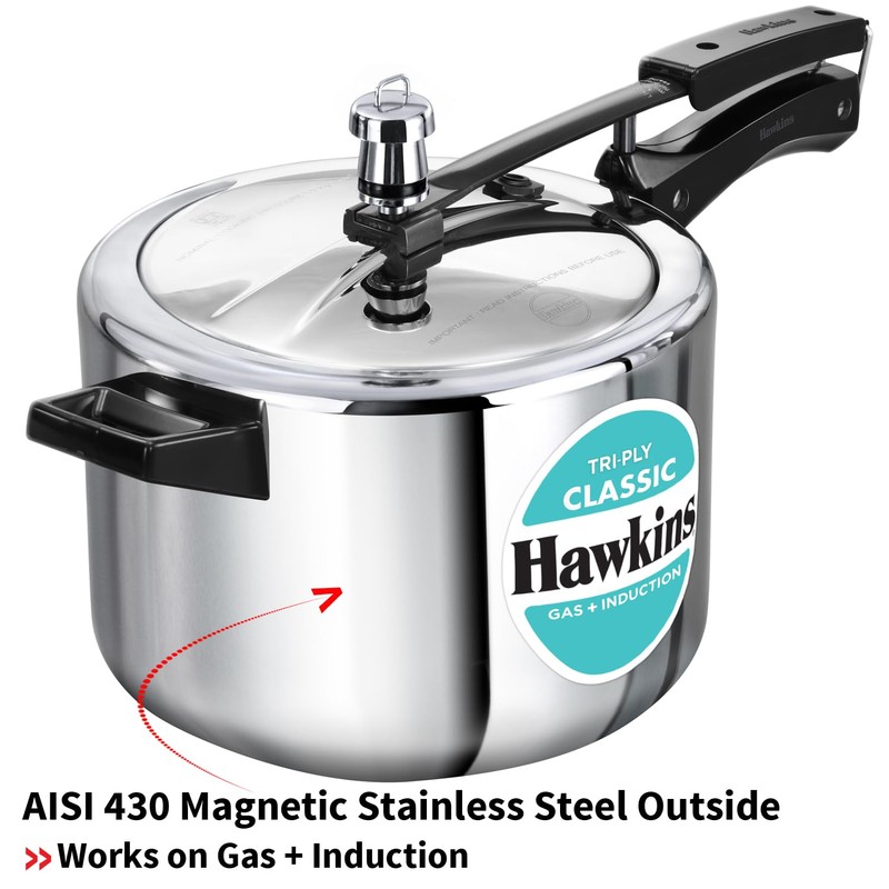 Hawkins Classic 5 Litre Tri-Ply Pressure Cooker, Triply Stainless Steel