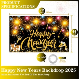 Giant Happy New Year 2025 Backdrop, 72x44 Inch Black Gold Fabric Happy New Year 2025 Banner Sign Champagne Fireworks for Celebrate New Year Party New Year Eve Ceremonies Holiday Party Decorations