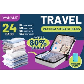 Vacuum Storage Bags for Travel 24 Pack (6L+6M+6S+6XS) Vacuum Seal Bags with Rechargeable Wireless Electric Pump, Travel Essentials Space Saving Bags for Clothes, Luggage,Business Trip