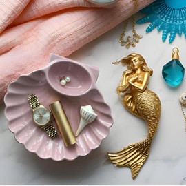 Seashell Jewelry Dish Trinket Tray for Women, Pink Ceramic Trinket Dish, Seashell Ring Holder, Cute Shell Jewelry Holder for Pink Coquette Room Decor, Mermaid Bathroom, or Coconut Girl Room Decor