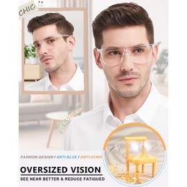 MARE AZZURO Blue Light Blocking Reading Glasses 6.0 Men Oversized Computer Readers 1.00 1.25 1.50 1.75 2.00 2.25 2.50 2.75 3.00 3.50 4.00 5.00 6.00 (Transparent, 600)