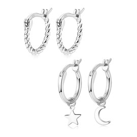 Sllaiss 2Pairs 925 Sterling Silver Hoop Earrings for Women Set Dainty Moon Star Helix Hoop Earrings White Gold Plated Huggie Hoop Earrings Minimalist Jewellery Set