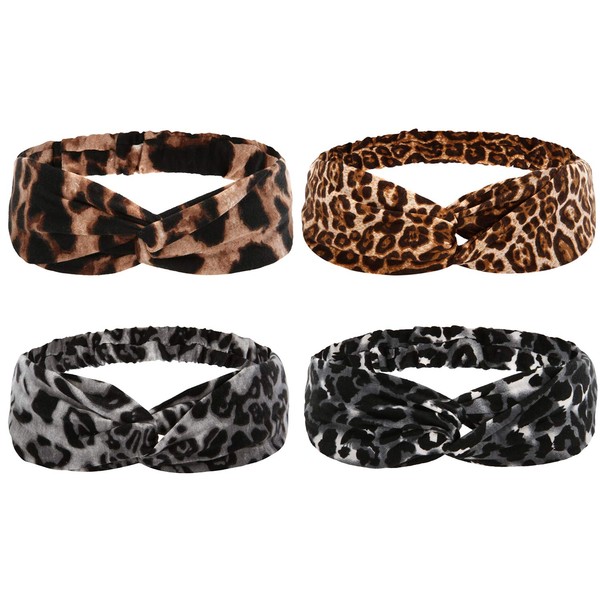 Folora 4pcs Leopard Print Twisted Criss Cross Elastic Headbands Soft Cotton Hair Bands for Women Girls