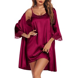 Ekouaer Sleepwear Women's Satin Nightgown with Robes Set 2 Piece Sexy Lace Cami Nightwear Wine Red L