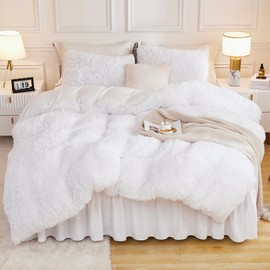 Andency Faux Fur White Comforter Queen Size, 3 Pieces Fluffy Fuzzy Plush Bedding Comforter Set (1 Shaggy Velvet Comforter & 2 Pillowcases), Soft Puffy Comfy Down Alternative Comforter Bedding Set