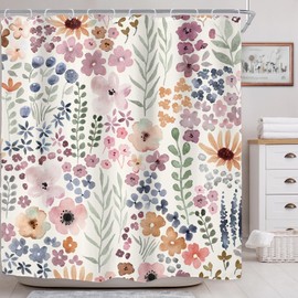 Riyidecor Cute Floral Flower Shower Curtain for Bathroom Decor 72Wx72H Watercolor Spring Botanical Plant Rustic Nature Herbs Grey Gray Art Printed Fabric Polyester Waterproof 12 Pack Plastic Hooks