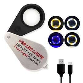 10X Rechargeable Jewelers Loupe Magnifier with UV & LED Lights, Four Types of Light, 22mm Triplet Lens, Pocket Eye Loupe Jewelry Loop Magnifying Glass for Diamond, Gemstone, Currency, Coins, Stamps