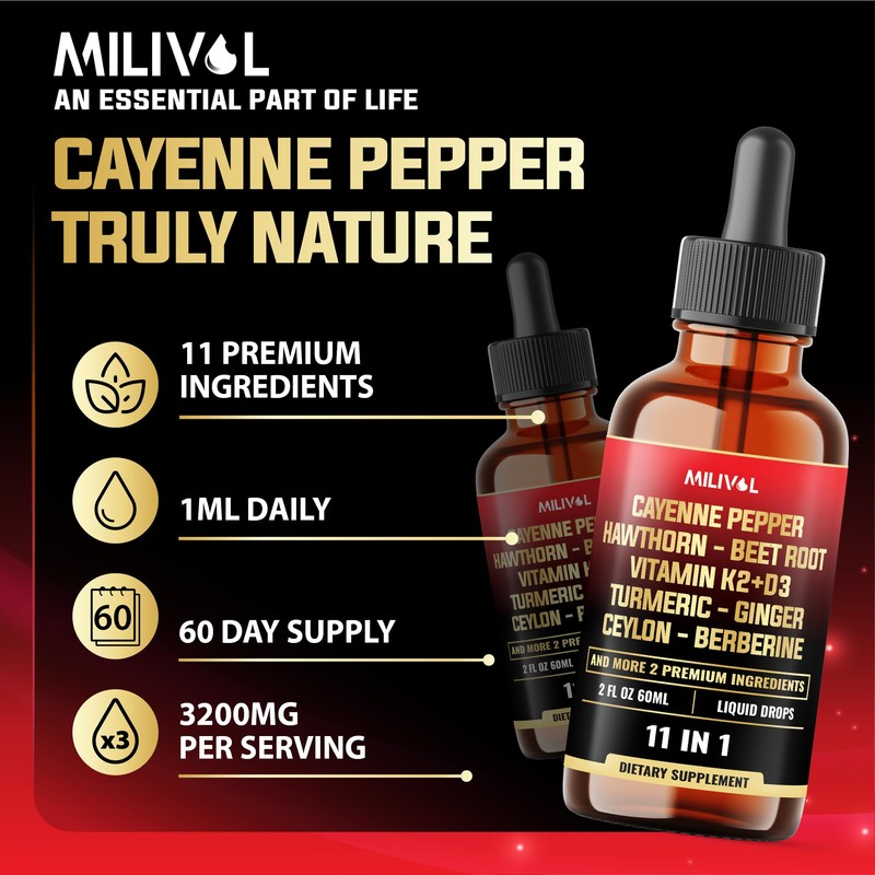 MILIVOL 11in1 Cayenne Pepper Liquid Drops with Hawthorn Berry, Beet
