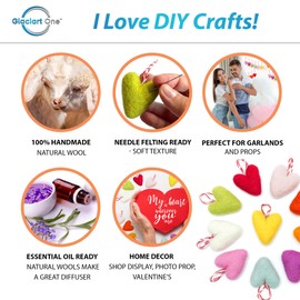 Glaciart One Felted Hearts – 1.5” Ready to Hang (10 Pcs) - Needle Felting & Essential Oils Ready - Handmade in Nepal Using 100% Natural New Zealand Wool, for Art Projects, Garlands & Valentines Decor
